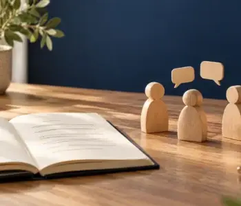 המחשה: שלוש דמויות עץ ובועות שיחה לצד מחברת, לתכנון דיווח לאדם מיודע